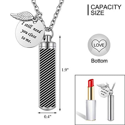 abooxiu Cylinder Urn Necklace for Ashes Cremation Jewelry/Keychain for human Pet Stainless Steel Memorial Keepsake Pendant with Angel Wing Charm Ashes - color: Silver-l