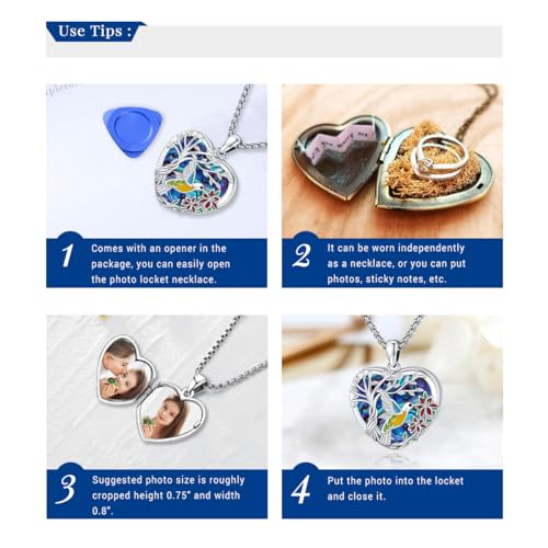 Picture Locket Necklace for Women Men Rose 14K Real Gold 925 Sterling Silver Jewelry Heart Locket Necklace that Holds Pictures Tree of Life Viking Wolf Celtic Knot St Christopher St Michael Pendant - color: H-Heart Locket-hummingbird