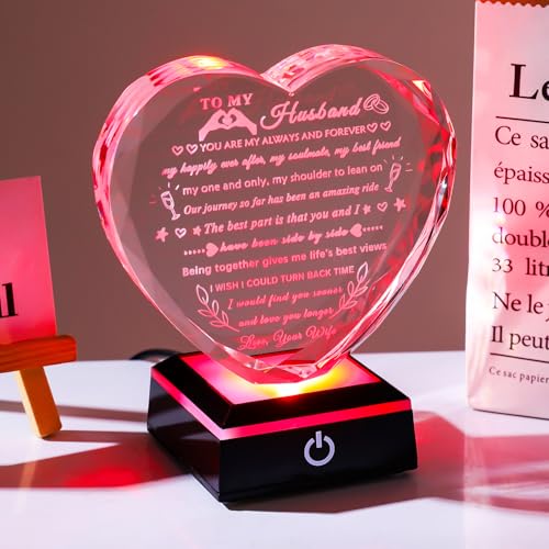 YWHL Gifts for Husband from Wife with Colorful LED Base Anniversary Birthday Gifts for Husband to My Husband Crystal Heart keepsake I Love You Gifts for Him on Valentine Christmas Fathers Day - style: Husband Gifts+ LED Base Style 1