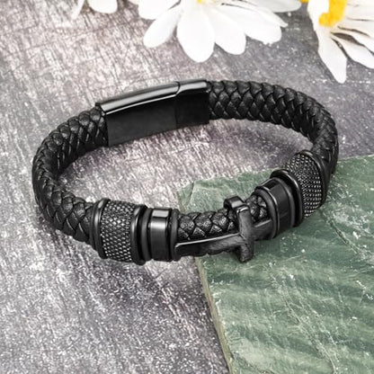 abooxiu Urn Bracelet for Ashes Leather Cremation Bracelet for Human Ashes Stainless Steel Ash Bracelets Memorial Cremation Jewelry Keepsake Bangle for Men - style: Custom-Black Cross