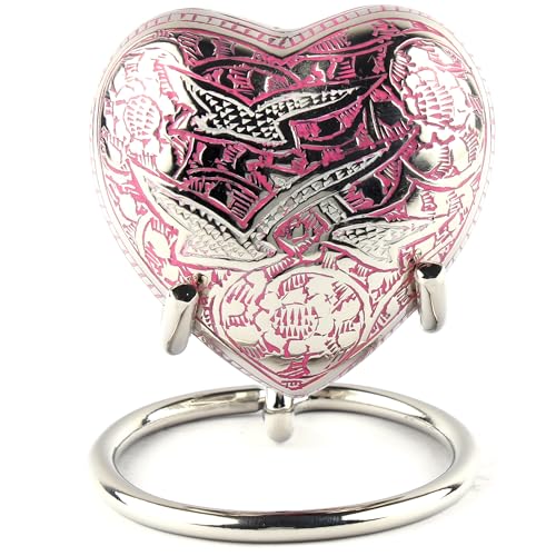Heart Shaped Brass Small Urn for Human Ashes Keepsake with Engraved Birds – Mini Cremation Urn with Velvet Box & Brass Stand – Memorial Keepsake for Ashes of Adult Male, Female and Infant (Pink) - color: Pink