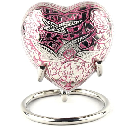 Heart Shaped Brass Small Urn for Human Ashes Keepsake with Engraved Birds – Mini Cremation Urn with Velvet Box & Brass Stand – Memorial Keepsake for Ashes of Adult Male, Female and Infant (Pink) - color: Pink
