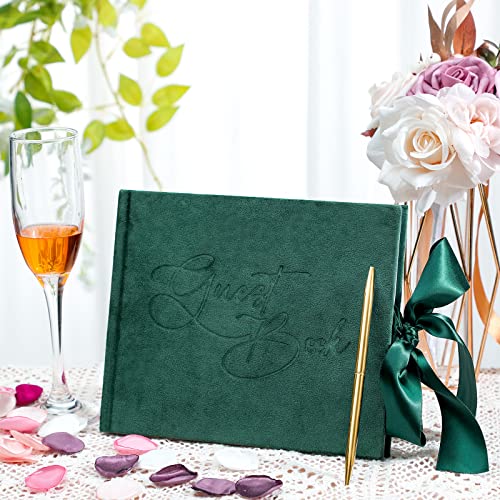 Panelee Wedding Guest Book with Pen, Green Velvet Guest Book 144 Page | Sign in Book for Reception, Bridal Shower, Elegant Velvet with Ribbon, Party Memory Keeper, Visitor Registry Included - color: Green