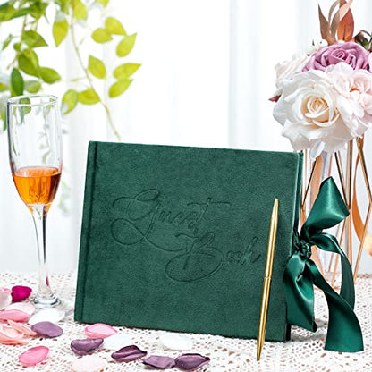 Panelee Wedding Guest Book with Pen, Green Velvet Guest Book 144 Page | Sign in Book for Reception, Bridal Shower, Elegant Velvet with Ribbon, Party Memory Keeper, Visitor Registry Included - color: Green