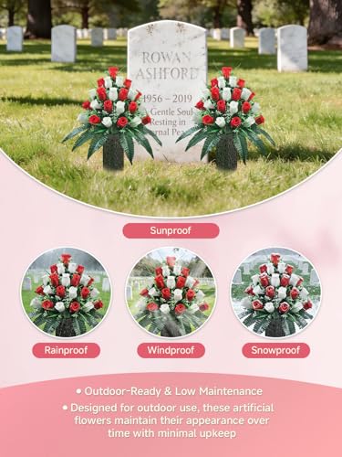 Mirevielyn 2-Pack 24-Stem Artificial Rose Cemetery Flowers with Vases - color: Red & White