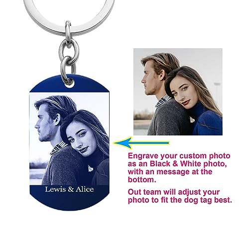 Photo Keychain Custom Picture Keychain Customized Gifts Laser-Engraved/Color Gifts For Boyfriend Hubsand Wife - color: Engraving (Black&white): 2 Sides Photo (Blue)