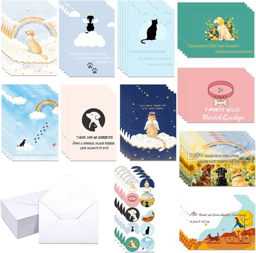 150 Pcs Pet Sympathy Cards with Envelopes and Stickers,10 designs 6 x 8 inch for Loss of Pet Dog and Cat with Paw & Heart Loss of Dog Condolence Cards Bulk Pets Bereavement Gifts with Heartfelt - color: Pet Sympathy Cards