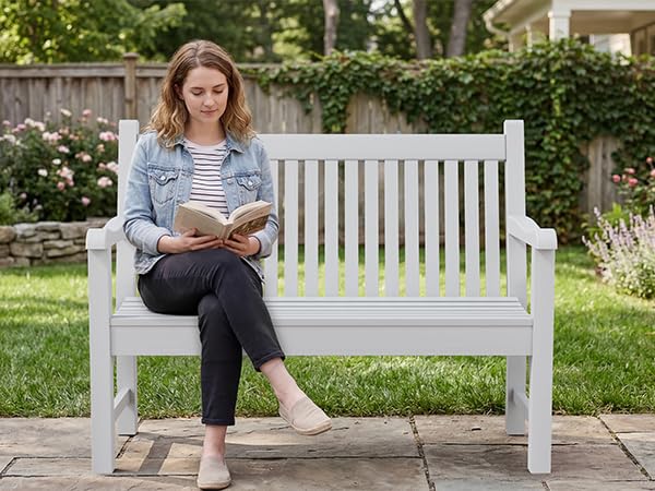 2-Person Outdoor Bench with 700 Lbs Weight Capacity, White | Poly Lumber Weatherproof Garden Bench Seating for Porch, Balcony and Park, All-Weather Patio Bench Furniture - color: White