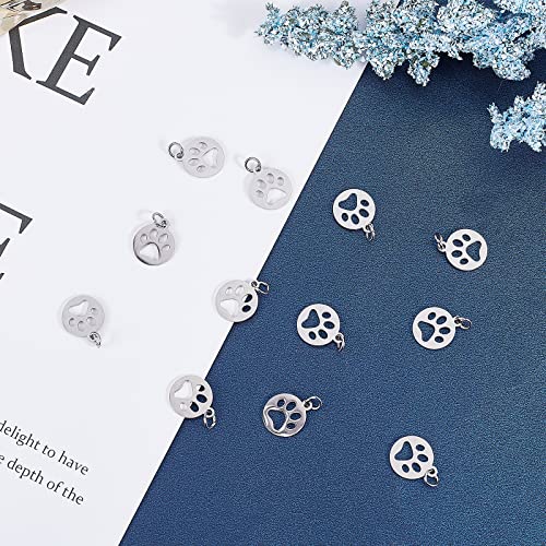 UNICRAFTALE 20Pcs Cute Dog Paw Print Charm 14Mm Flat Round Stainless Steel Charm Pendants, Puppy Pet Animal Footprint for DIY Necklace Jewelry Making