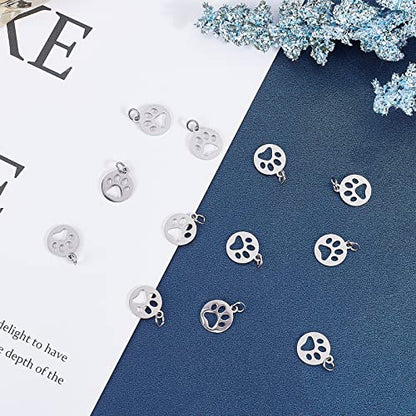 UNICRAFTALE 20Pcs Cute Dog Paw Print Charm 14Mm Flat Round Stainless Steel Charm Pendants, Puppy Pet Animal Footprint for DIY Necklace Jewelry Making