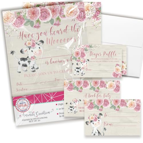 Baby Shower Invites for Girls – Watercolor Pink Floral Cow Baby Shower Invitation Bundle with Diaper Raffle Tickets, Book Request Cards & Envelopes. Set of 20 5X7 Pink Cow Invitation Kit Sets - style: Cow