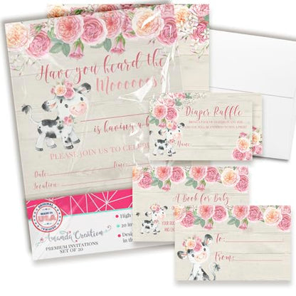 Baby Shower Invites for Girls – Watercolor Pink Floral Cow Baby Shower Invitation Bundle with Diaper Raffle Tickets, Book Request Cards & Envelopes. Set of 20 5X7 Pink Cow Invitation Kit Sets - style: Cow