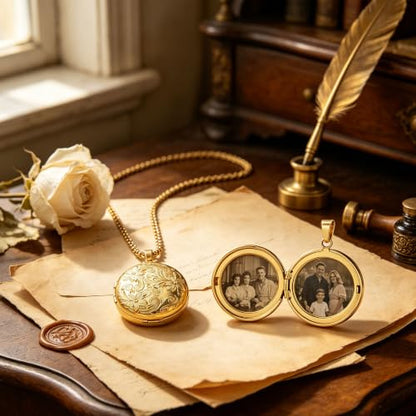 Stainless Steel Photo Locket Necklace for Women, 3mm Box Chain, Personalized Picture Holder Pendant, Waterproof Hypoallergenic Sentimental Jewelry Gift - color: Floral Engraved Round Gold