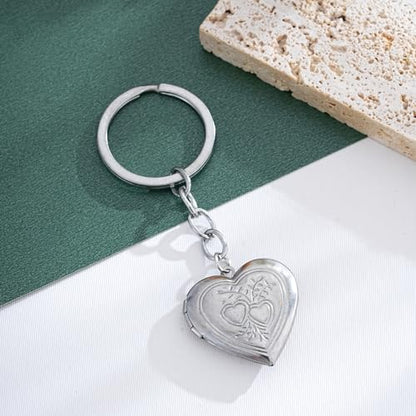 2PCS Elegant Heart Locket Keychain with Decorative Chain Stainless steel, Heart Pattern Design, Photo Frame Pendant - color: Heart-2