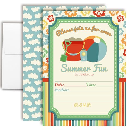 Beach Summer Fun Birthday Party Fill in Invitations set of 20 with envelopes by AmandaCreation - style: Beach Summer Fun