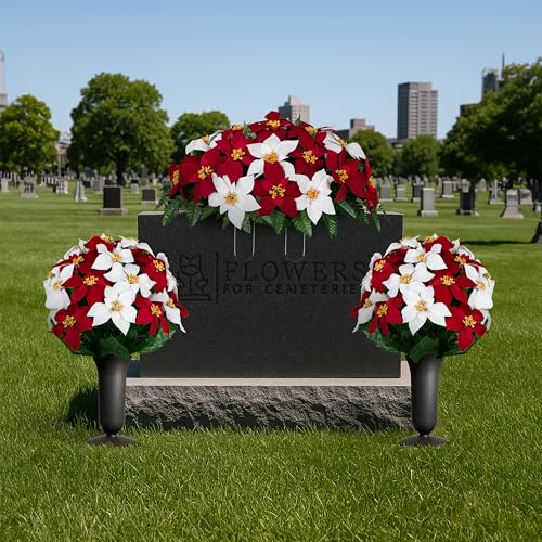 Artificial Cemetery Flowers - Gravesite Memorial Arrangment - Red & White Poinsettia - (1) Saddle (2) Bouquets (2) Vases - color: Red & White, size: (1) Saddle (2) Bouquets (2) Vases