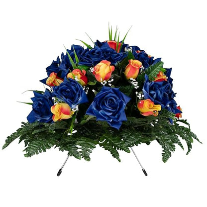 Sympathy Silks - Artificial Flowers for Cemeteries - Blue Open Roses and Orange Rose Buds - (1) Headstone Saddle - color: Blue/Orange