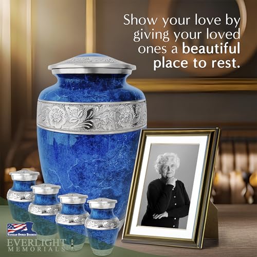 Blue Marble Cremation Urn Set for Human Ashes – Large Adult Memorial Urn with 4 Keepsake Urns, Family Sharing Urn Set, Tribute of Love and Remembrance - color: Blue