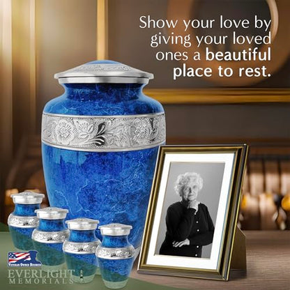 Blue Marble Cremation Urn Set for Human Ashes – Large Adult Memorial Urn with 4 Keepsake Urns, Family Sharing Urn Set, Tribute of Love and Remembrance - color: Blue