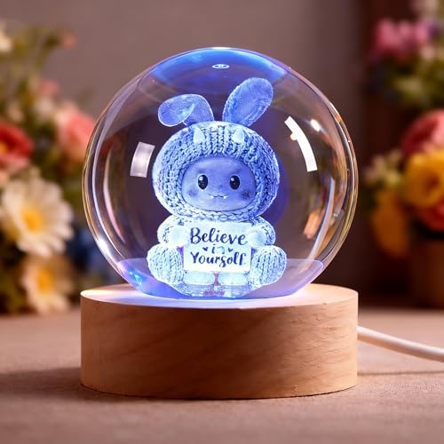 3D Easter Bunny Crystal Ball Night Light-Cute Bunny Gift, 2.4Inch Laser Engraved Glass Sphere with USB LED Base, Crystal Night Lamp for Bedroom Desk - size: 3D Believe in yourself