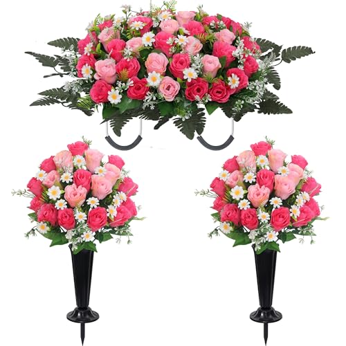 Wocst Headstone Flower Saddle,Large Artificial Cemetery Flowers for Grave 2Pack Artificial Silk Roses Daisy Bouquets with Cemetery Vases for Outdoor Grave Decorations (Pink) - color: Pink