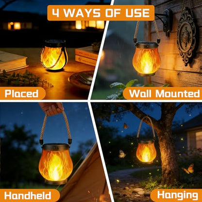 2 Pack Solar Lanterns Outdoor Waterproof, Flickering Flame Hanging Lanterns - size: 2 Packs