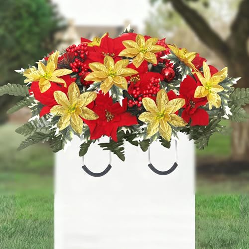 Lodou Christmas Cemetery Flowers Saddle - Red Poinsettias & Berries Plastic Grave Memorial Decor, Fade-Resistant for 60-90 Days, Weatherproof (Red Gold) - color: Red Gold