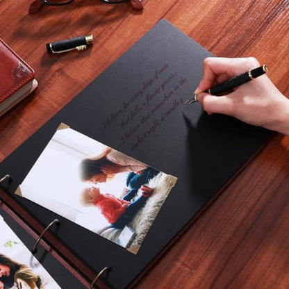 Partykindom Wooden Scrapbook Photo Album, 12x8 Inch Diy Memory Book with 40 Black Pages and 6 Corner Stickers, Ideal for Anniversaries, Weddings, Birthdays, and Special Moments