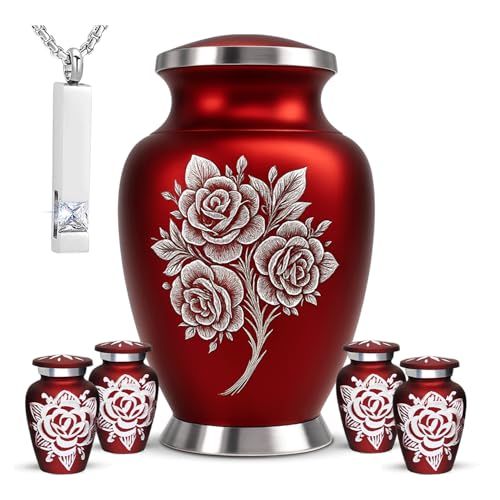 Cremation Urns for Human Ashes Adult Female – Funeral Urn for Women Ashes with Keepsake Set – Elegant Memorial Urns for Humans (Red, Set of 6) - color: Red, size: Set of 5
