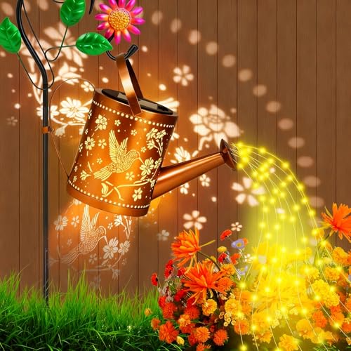 Hummingbird Outdoor Hanging Solar Lantern Waterproof Metal Openwork Hummingbird Watering Can Landscape Lights with Shepherd Hook for Porch Lawn Driveway Backyard Pathway Gifts for Women Mom Grandma - style: Hummingbird Watering Can