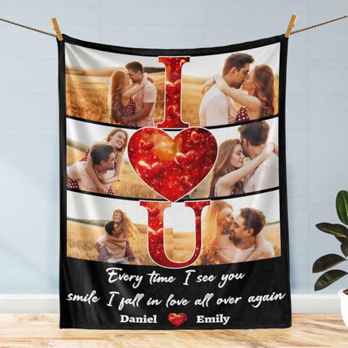 D-Story Custom Photo Blankets with Names Personalized Valentine's Day Gifts for Her Him Customized Picture Blanket Flannel Throw Blanket I Love You Couple Gifts for Wife Husband Anniversary Wedding - color: Vd02