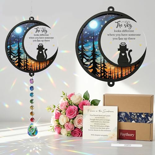 Cat Memorial Suncatcher Gift for Loss of Cat – Sympathy Gift with Rainbow Crystal Prism, Moon Cat Window Hanging Ornament, Pet Memorial Gifts for Cats, Cat Remembrance Gifts with Card & Gift Box - color: Cat Memorial Crystal Suncatcher