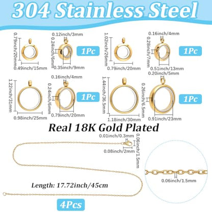 4 Size 8Pcs 4 Sets Real 18K Gold Plated Floating Charm Locket Necklace Round Memory Locket Stainless Steel Clear Glass Photo Pendant Living Picture Keepsake Necklace for Women Friendship DIY - style: 4 sizes gold