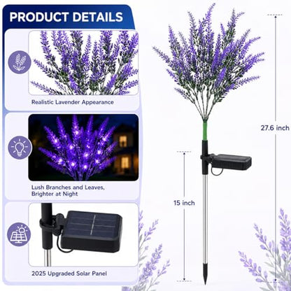 Geegoods Lavender Solar Garden Lights, 2 Pack Outdoor LED Flowers | 2 purple lavender solar flowers with LEDs; auto on/off, IP65 waterproof stakes for pathway, yard, patio and Halloween decor