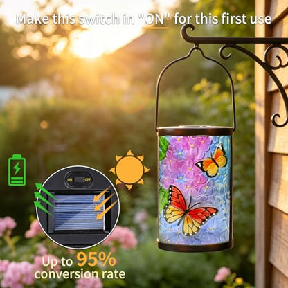 MUMTOP Butterfly Solar Lantern, Hanging Glass Outdoor Garden Light - color: Periwinkle Blue