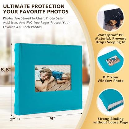 Photo Album Hold 200 4x6 Photos with Front Window for DIY (Sky Blue) | Memo Writing Space,Suede Faux Leather Picture Albums, Picture Book 200 Pockets Fits 4x6 Photo, Travel Wedding Memories - color: Sky Blue