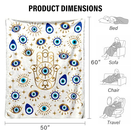 Evil Eye Fleece Flannel Blanket 50x60, Soft Lightweight Cozy Throw Blanket | Blue Evil Eye And Hamsa Hand Design For Home, Dorm, Meditation Rooms, Birthdays, Housewarmings And Spiritual Gifts - color: White