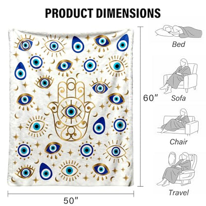 Evil Eye Fleece Flannel Blanket 50x60, Soft Lightweight Cozy Throw Blanket | Blue Evil Eye And Hamsa Hand Design For Home, Dorm, Meditation Rooms, Birthdays, Housewarmings And Spiritual Gifts - color: White
