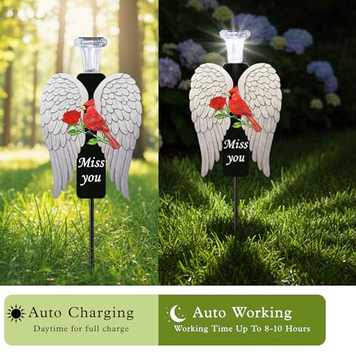 20-Inch Solar Angel Wings Memorial Stake with Red Cardinal - Metal Cemetery Decorations for Grave, Father's Day Sympathy Gift for Loss of Father Dad Mom(Angel Wings) - style: Angel Wings