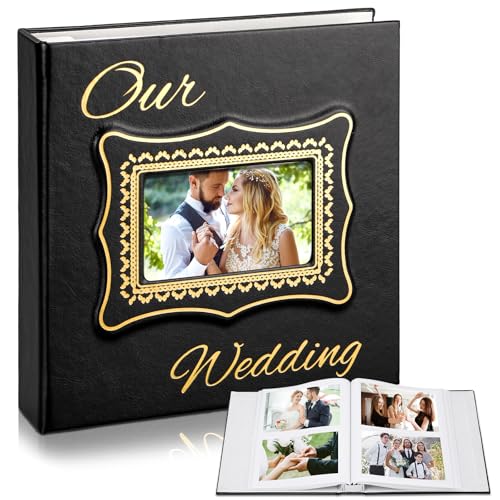 Dunzoom Memory Photo Album Holds 200 Pcs 4 x 6 Inch Leather Wedding Anniversary Family Photo Album with Front Window Double Heart Memory Scrapbook for Couple Gifts () - style: Black Our Wedding