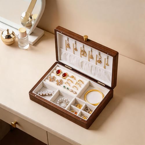 Black Walnut Wooden Jewelry Box, Velvet Lined Necklace Organizer for Women - color: 1 Layer