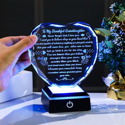 Arikyrist Crystal Heart Keepsake Granddaughter Gifts from Grandma Grandpa | Granddaughter Birthday Present Plaque, on Christmas Wedding Graduation Mothers Day Valentines Day, LED Light Base, Room Decor - color: Granddaughter