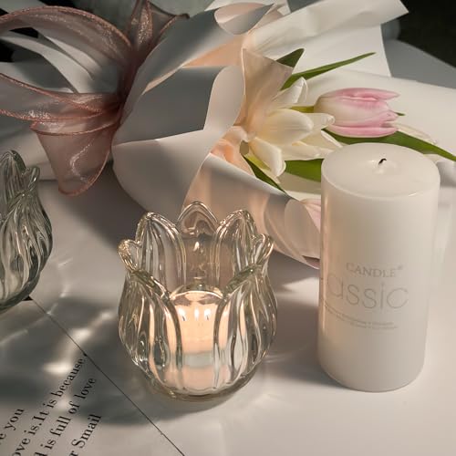 Tulip Votive Candle Holders Set of 12, Tea Light Candle Holder Glass for Table Centerpiece, Tealight Candle Holders for Wedding Déco, Birthday, Anniversary, Parties, and Holiday (Clear) - color: Clear - Set of 12
