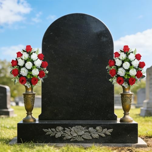 Artificial Cemetery Flowers with Vase, Artificial Headstone Memorial Flowers Rose Bouquet for Graveyard Grave Cemetery Decoration, Set of 2 (Red&White)