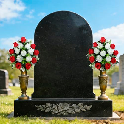 Artificial Cemetery Flowers with Vase, Artificial Headstone Memorial Flowers Rose Bouquet for Graveyard Grave Cemetery Decoration, Set of 2 (Red&White)