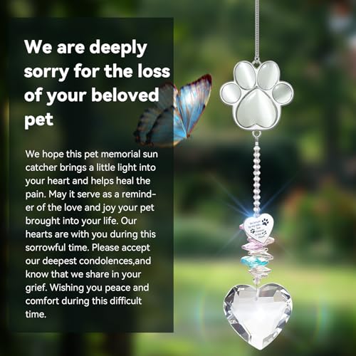 Dog Memorial Gifts, Pet Memorial Suncatcher, Loss of Dog Sympathy Gift | Thoughtful Dogs and Cats Bereavement Remembrance Gifts, Natural Cat's Eye Stone Paw Crystal Suncatcher - color: White Stone