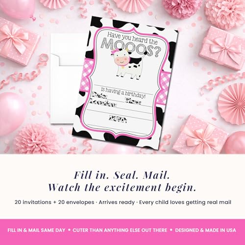 Amanda Creation Cow Birthday Invitations for Girls, 20 Pack 5x7 Fill-In Cow Party Invitations with White Envelopes, Heard the Moos Pink Farm Animal Cards, Made in USA - color: Heard the Moos Pink Cow