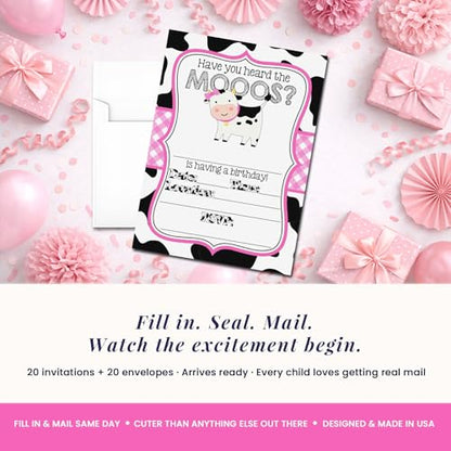 Amanda Creation Cow Birthday Invitations for Girls, 20 Pack 5x7 Fill-In Cow Party Invitations with White Envelopes, Heard the Moos Pink Farm Animal Cards, Made in USA - color: Heard the Moos Pink Cow