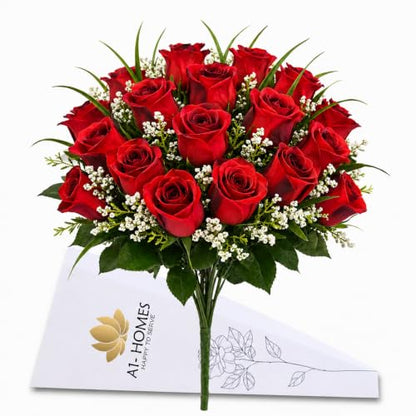 Artificial Roses, 42cm Fake Flowers for Decoration, Grass Bush with Gyp & Foliage 24 Red Roses Heads, Red Artificial Flowers for Outdoor & Indoor Events Wedding Party Home Decor (1, Red With Gyp)