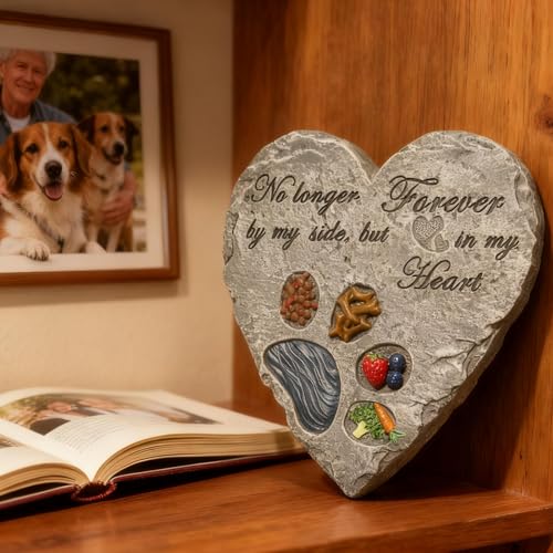 Heart Shaped Dog Memorial Garden Stone with Paw Print & Treats & Food - Sympathy Gift for Loss of Pet Outdoor Grave Marker Remembrance Dog Passing Away